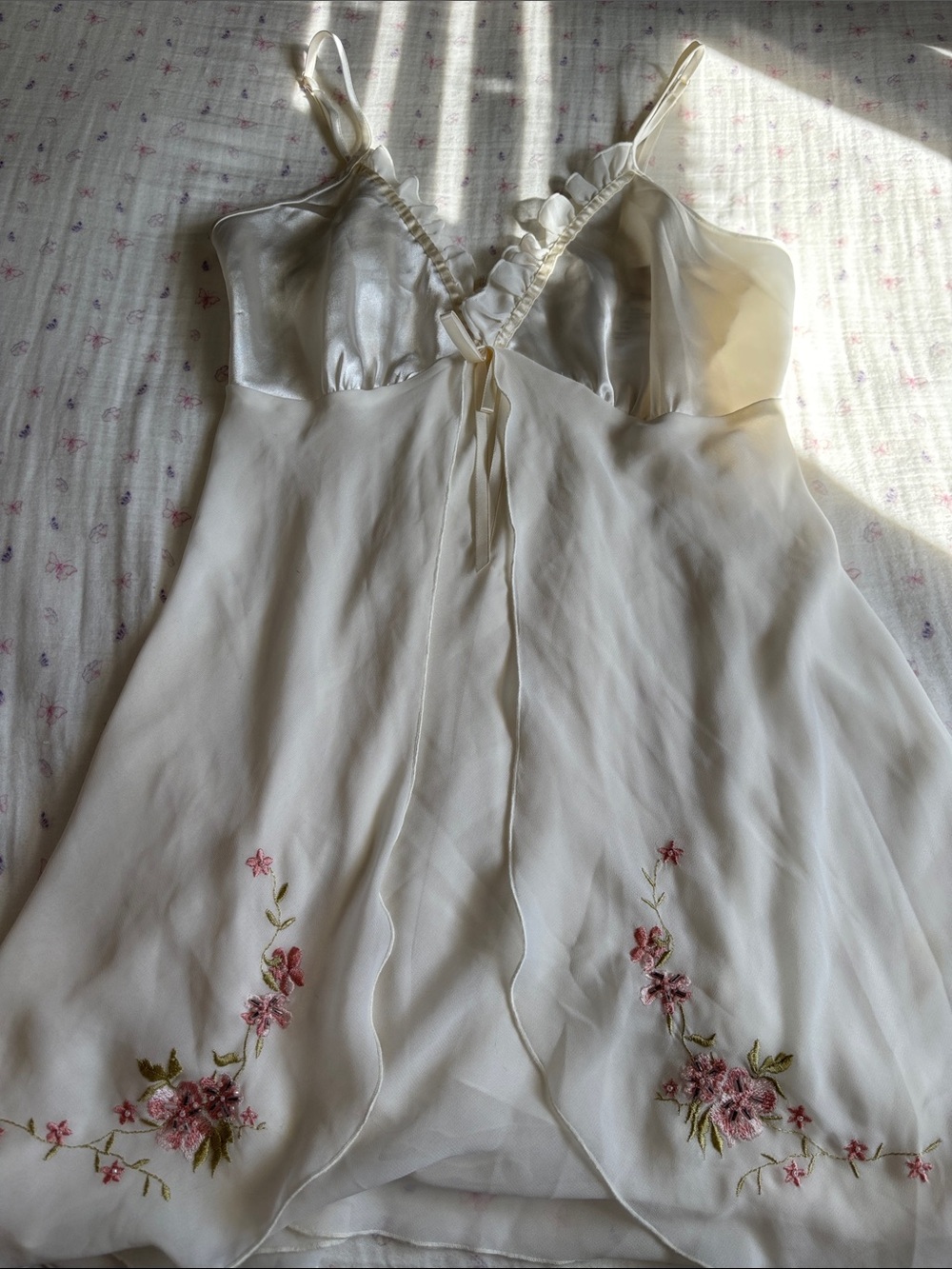 Vintage Ivory Sheer Satin & Chiffon Floral Embroidered Slip Dress - Picture 1 of 2